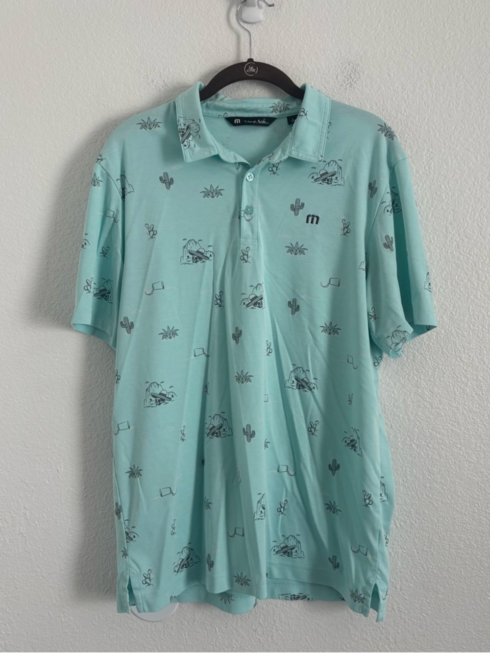 Travis Mathew Men's Size Large Blue Cactus Desert Short Sleeve Polo Shirt